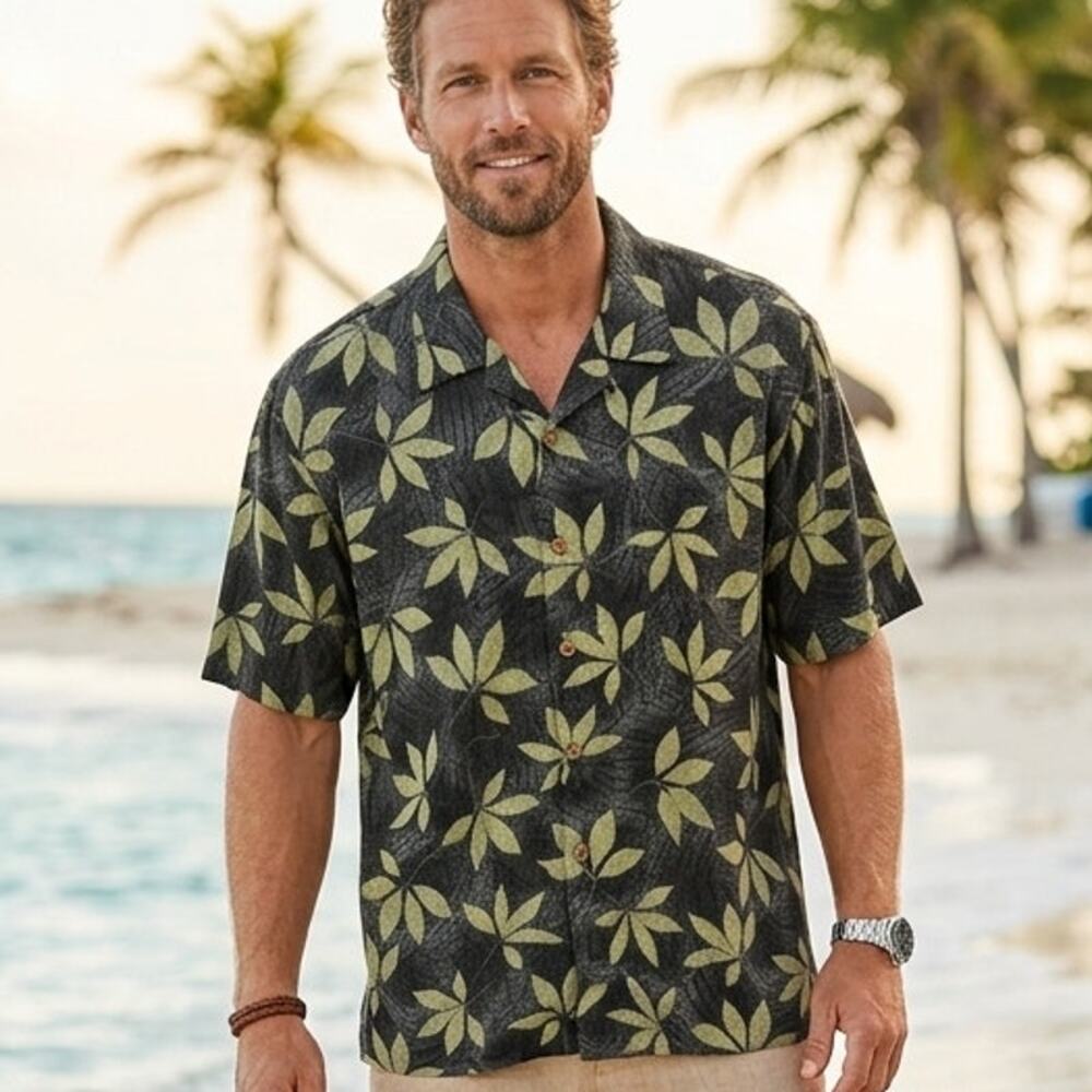 Tommy Bahama Leaf Print Shirt Mens Large Navy Green Linen Button Hawaiian Aloha